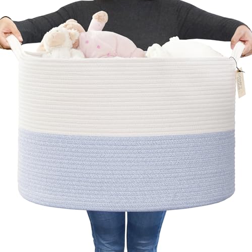COMFY-HOMI XXXL Large Laundry Basket, Cotton Rope Nursery Woven Basket for Storage, Blanket Baskets Living Room Laundry Hamper, Dog Toy Storage Organizer, Home Decor-21''x21''x13.6''-White/Blue - color: white/bule