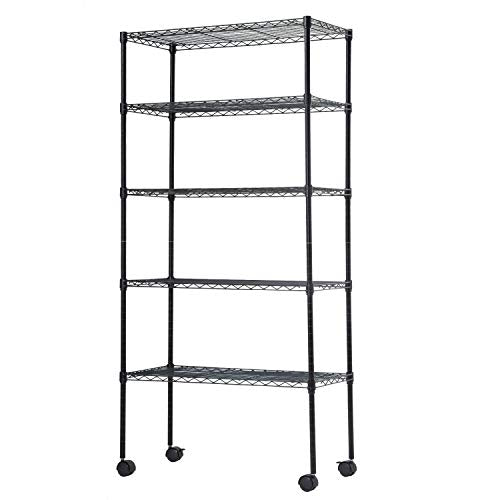 BestOffice | 5-Tier Wire Storage Shelves with Wheels | 14x30x60 | Black | Adjustable Racks | Heavy-Duty Metal Shelf, Holds Upto 220 lbs | No-Tool Assembly | Ideal for Home & Garage Shelving - color: Black, size: 14"D x 30"W x 60"H
