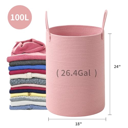 Laundry Basket Hamper Tall Rope Storage Woven for Blanket toys Dirty Clothes in Living Room Bathroom Bedroom (Pink, 100L/26.4Gal) - color: Pink, size: 100L/26.4Gal