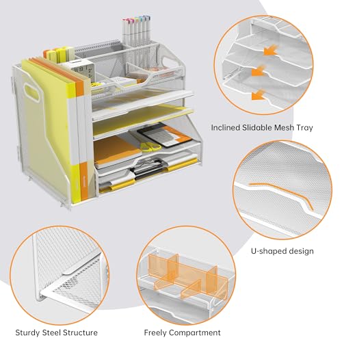 YINGHUA 5 Tier Paper Tray Letter Organizer with Top 6 Adjustable Compartments and File Holder - Paper Sorter Office Desktop Accessories with Handles for Document,Mail,School Supplies Storage,White - color: 5 Tier With File Holder-white