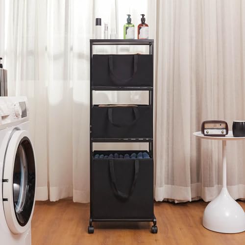 Homde Laundry Basket 3 Tier Bamboo Storage Shelf with Wheels Removable Storage Basket with Handle Freestanding Clothes Hamper Organizer for Bathroom Living Room Bedroom (Black) - color: Black