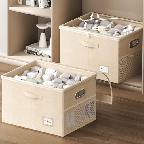 2 Pack Shoe Organizer for Closet Large Shoe Box Storage Containers with Clear Window Space Saving Shoe Bin with Foldable Bottom Support Adjustable Dividers Fits 32 Pairs (Beige, (19.7x15.7x13inch)x2) - color: Beige, size: (19.7x15.7x13inch)x2