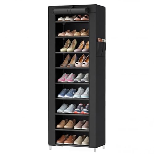 SONGMICS HOME Shoe Rack 10-Tier, Tall Narrow Metal Shoe Organizer with Dust Cover, 11.2 x 19.1 x 63.2 Inches, Vertical Storage Cabinet for Closet Entryway, Black - color: Black, size: 10 Tiers (19.1"W)