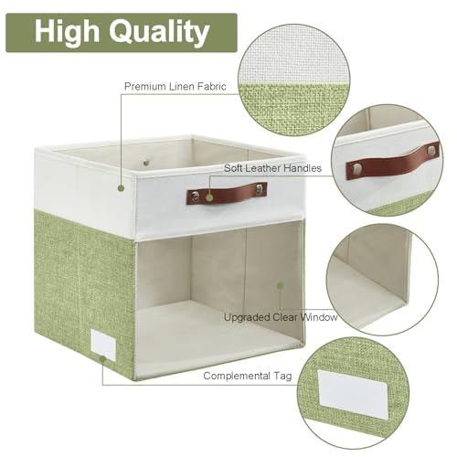 Bagnizer Storage Cubes, 4 Pack Linen Foldable Storage Bins (13 x 13 inch) with Clear Window and Handles, Fabric Organizer for Shelf Closet, Clothes, Books - (Green and White) - color: Green / Off-White, size: 13 x 13 x 13