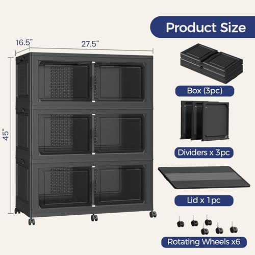 120GAL Storage Bins with Lid and Wheels, Stackable Closet Organizers and Storage Drawer, Collapsible Storage Box with Dividers, Foldable Plastic Cabinets for Room, Kitchen, 3 Pack Black - color: Black, size: 40Gal-3Pack