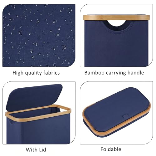 Slim Laundry Basket,60L Laundry Hamper with Lid, Tall Hamper for Laundry,Dirty Cloth Hamper with Bamboo Handle for Toys,Towels, Clothes Organizing, Navy Blue - color: Blue, size: 60L Slim