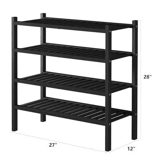 ROMGUAR CRAFT 4 Tier (Thick) Bamboo Shoe Rack for Closet Free Standing Wood Shoe Shelf for Entryway Small Space Stackable 27"x12"x28" (Blackl) - color: Black, size: 4 Tier(Thick)