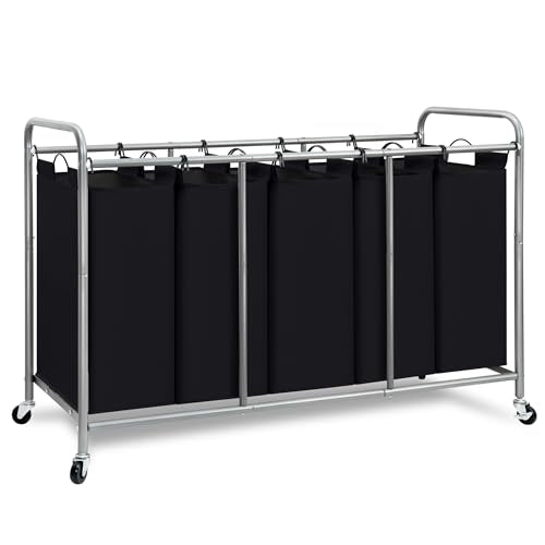 STORAGE MANIAC 5 Section Laundry Sorter, 5 Bins Rolling Separator Laundry Basket, Dirty Clothes Hamper Divider with Heavy Duty Rolling Lockable Wheels, Large Clothes Organizer Cart, Black - color: Black, size: 5 Section