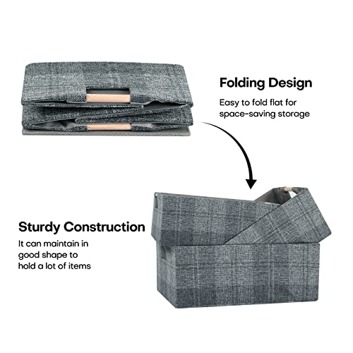 Fabric Storage Bin Box Collapsible Cotton Linen Storage Cube with Wooden Handles Rectangular Decorative Home Organizer Clothes Blanket Basket– Dark Gray Plaid, Medium - color: Dark Gray Plaid, size: Medium