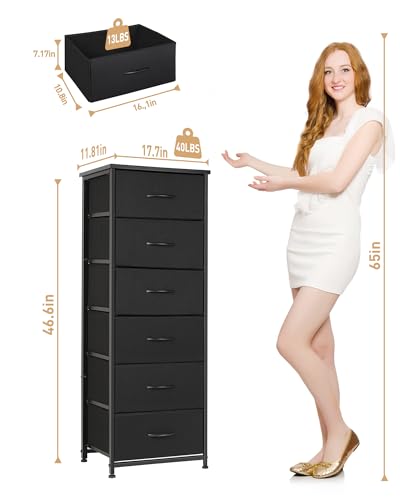 Mifuro Tall Dresser for Bedroom with 6 Drawers, Vertical Storage Organizer Tower, Chest of Drawers with Fabric Bins, Steel Frame, Wood Top for Bedroom, Closet, Entryway- Black - color: Black, size: 6 Medium Drawers