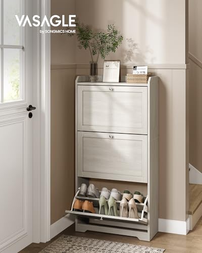 VASAGLE Shoe Cabinet with 3 Flip Drawers, Shoe Organizer, Adjustable and Removable Dividers, Holds 12-20 Pairs, Entryway, 9.4 x 23.6 x 47.7 Inches, Oatmeal Beige ULBC036LN02S - color: Oatmeal Beige, size: 9.5"D x 23.6"W x 47.7"H, style: shoe cabinet