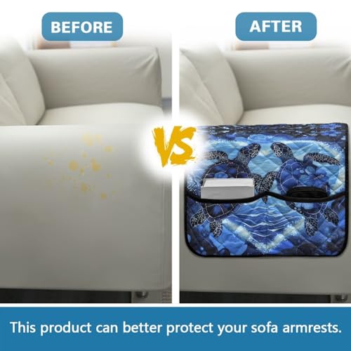 Blue Turtle Hibiscus Heart Print Couch Arm Covers Polyester Sofa Arm Covers with 2 Pocket Storage Anti-Slip Recliner Arm Protector Washable Sofa Armrest Organizer for Dogs Cats Pet - color: Blue Turtle Hibiscus Heart