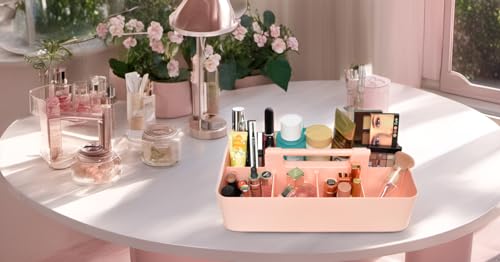 New Plastic Portable Makeup Organizer Caddy Tote Divided Basket Bin with Handle, for Bathroom Storage Made In USA (Indie Pink) - color: Indie Pink