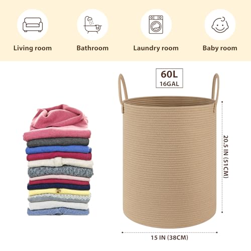 OIAHOMY Large Laundry Basket Hamper - 60L Cotton Rope Woven Basket for Blankets, Toys, Clothes - Tall Decorative Nursery Hamper with Long Handles, Yellow - color: Yellow, size: 60L