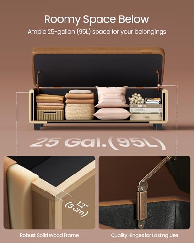 VASAGLE EKHO Collection - Storage Ottoman Bench, Entryway Bedroom Bench, 25 Gallons, Synthetic Leather with Stitching, Mid-Century Modern, Safety Hinges, Loads 660 lb, Caramel Brown ULOM075K01 - color: Caramel Brown, style: 25-Gallon Storage Bench