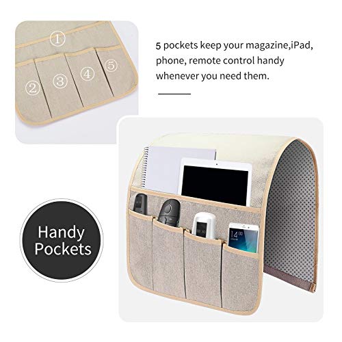Sofa Armrest Organizer, Remote Control Holder for Recliner Couch, Arm Chair Caddy with 5 Pockets for Magazine, Tablet, Phone, iPad - color: Pale Khaki, size: W13'' x L33''