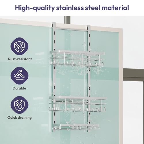SWTYMIKI Over The Door Shower Caddy - 3 Tier Rustproof Hanging Shower Organizer with Adjustable Shelves, 28 Hooks & Soap Holder, Hanging Shower Rack Storage for Bathroom Accessories, Silver - color: Silver-3 Tier