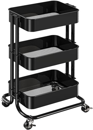 Pipishell 3 Tier Metal Rolling Utility Cart, Heavy-Duty Storage Rolling Cart with 2 Lockable Wheels, Multifunctional Mesh Organization Utility Cart for Kitchen Dining Room Living Room (Black) - color: Black, size: 3 Tier