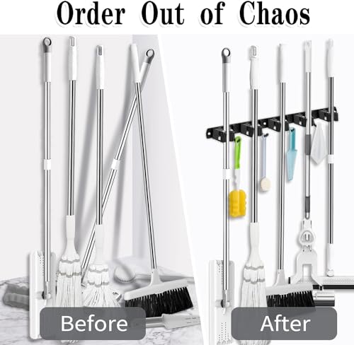 Black 5 Racks and 4 Hooks Mop and Broom Holder Wall Mount, Broom Organizer Storage Tool Racks Stainless Steel Heavy Duty Hooks Self Adhesive Solid Non-slip for Home Kitchen Garden Laundry Garage - color: 5 Racks & 4 Hooks (Black) - 1 Pack