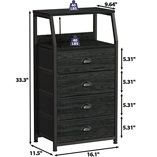 Furnulem Tall 4 Drawers Dresser, Vertical Storage Tower Black Dresser for Bedroom, Hallway, Entryway, Nursery, Closet Organizer, Nightstand Bedside Table Furniture, Sturdy Steel Frame, Wood Top - color: Black Oak, style: 4 Drawers