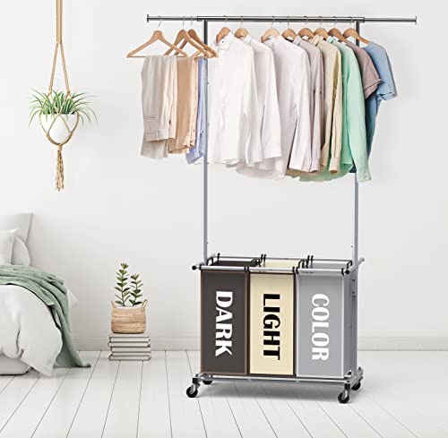 Simple Houseware 3-Bag Laundry Sorter with Extensible Clothes Hanging Rod, 3-Logoed Multi Color Bags - color: Multi