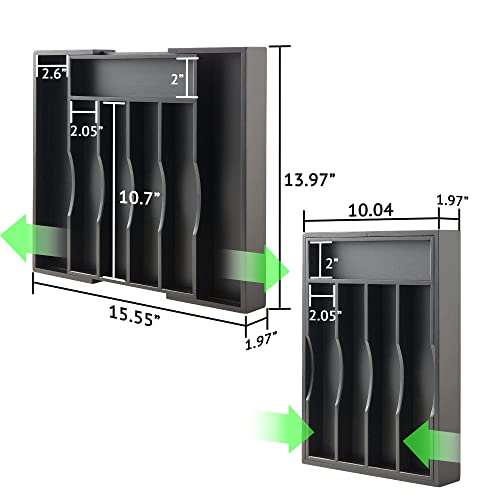 Expandable Bamboo Kitchen Drawer Organizer for Cutlery and Utensils, Adjustable Bamboo Wood Cutlery Tray in Drawer for Flatware and Silverware in Kitchen, (Black) - color: Black, size: 7 Slots Expandable