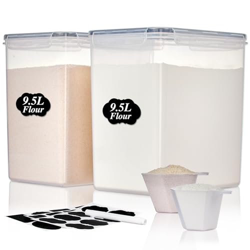 Vtopmart 9.5L 2 Pack Extra Large Flour Sugar Storage Containers for 25lbs flour, Airtight Kitchen Pantry Organization Canisters with Lids for Bulk food, Rice, Baking Supplies, BPA Free, Black - color: Black, size: 9.5L