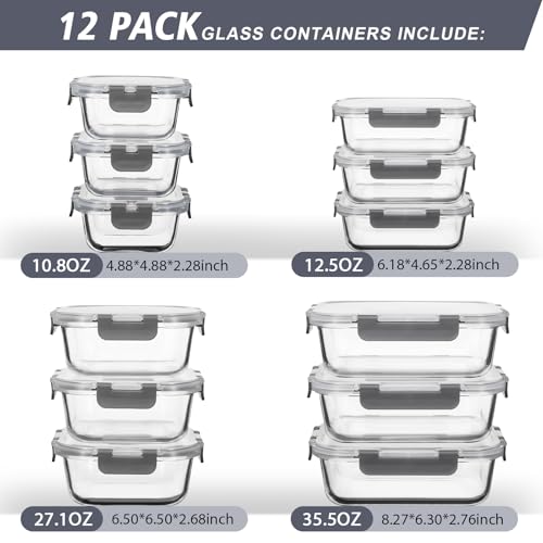 AILTEC 12 Pack Glass Food Storage Containers with Lids, Glass Meal Prep Containers Set with Leak Proof Lids, Airtight Lunch Container for Kitchen, Microwave, Oven, Freezer, Dishwasher Safe, Bpa free - color: gray