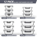 AILTEC 12 Pack Glass Food Storage Containers with Lids, Glass Meal Prep Containers Set with Leak Proof Lids, Airtight Lunch Container for Kitchen, Microwave, Oven, Freezer, Dishwasher Safe, Bpa free - color: gray