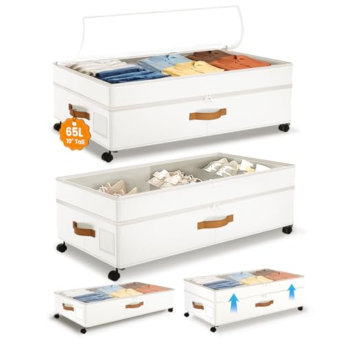 Under Bed Storage with Wheels, 10 inches Under Bed Storage Containers, 65L XXL Large Adjustable Underbed with Lids, Rolling Underbed Storage bins for Shoes, Clothes, Blankets, White - color: White