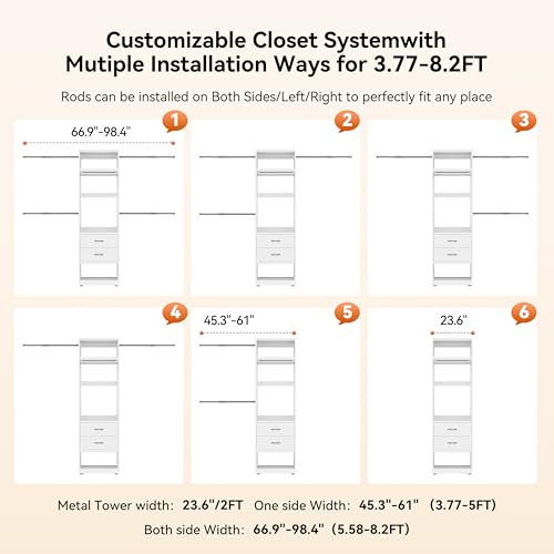 Metal Closet System, 4FT-8FT Closet Organizer System with 4 Expandable Hanging Rods and Metal Tower,79"H Walk in Closet System with 2 Drawers and Shelving,Built in Closet,Wall Mount,White