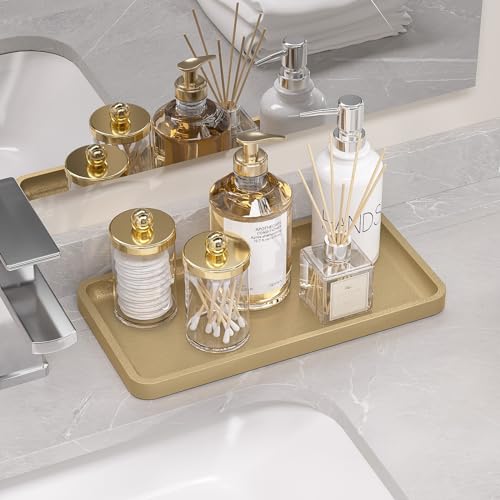 Weenson Gold Bathroom Vanity Tray for Countertop Perfume Makeup Jewelry Decor Candle, Bamboo Kitchen Tray for Soap Dispenser Spice Coffee, Toilet Tank Tray 11.81”L x 6.1”W x 0.79”H - color: Gold, size: 11.8" x 6.1" x 0.8"