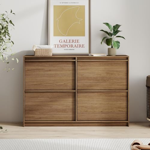 Shoe Storage Cabinet for Entryway with 4 Flip Drawers, Wooden Shoe Organizer Cabinet with Adjustable Shelf, Slim Freestanding Shoe Rack for Entryway, Hallway, Living Room, Walnut - color: Walnut