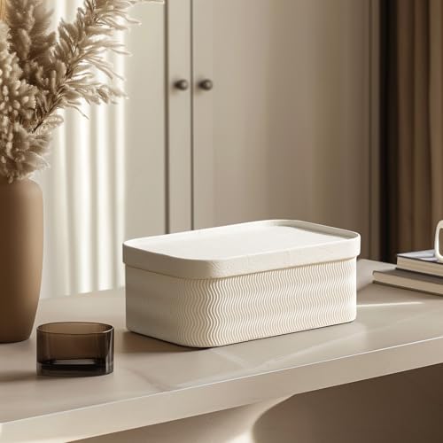 LA JOLIE MUSE Fluted Cardboard Storage Baskets with Leather-Like Lids, Paper Boxes Decorative Tray, Modern Basket Organizer Bins for Organizing,Eggshell White - color: Eggshell White