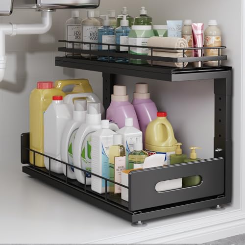Under Sink Organizer Upgrade To Professional Rails,2-Tier Dual Pull Out Cabinet Storage,Height Adjustable Slide Out Drawers For Bathroom Kitchen,1 Pack-18.5"Dx12.8"-16.9"H,Black - color: Black, size: 1 Pack-18.5"Dx12.8"-16.9"H