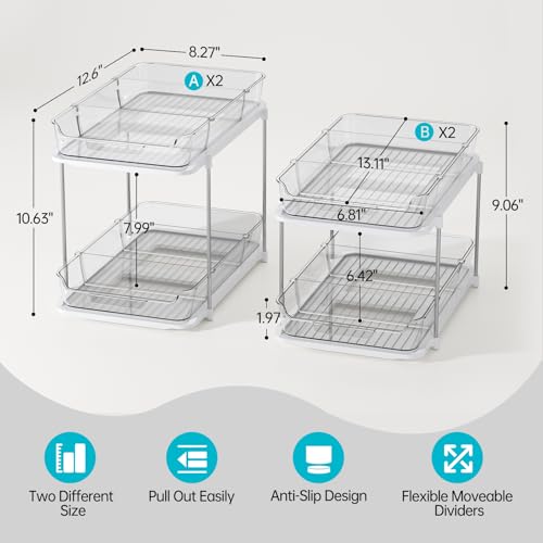 Delamu 4 Pack 2-Tier Bathroom Under Sink Organizers and Storage, Multi-Purpose Stackable Pantry Organization and Storage, Pull Out Clear Kitchen Bathroom Cabinet Organizer with Movable Dividers, White - color: White, size: 4 Pack 2-Tier