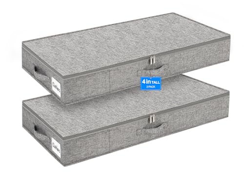 punemi 4 Inch Height Low Profile Under Bed Storage, Underbed Storage Containers With Sturdy Sidewalls & Bottom, Shallow Clothes Storage Bins, Slim Under Couch Sofa Dresser Storage, 2 Pack, Grey - color: Grey-rigid-2pack, size: 4 inch