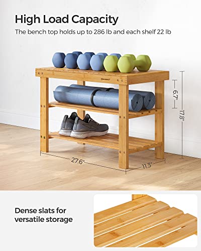 SONGMICS Shoe Rack Bench, 3-Tier Bamboo Shoe Storage Organizer, Entryway Bench, Holds Up to 286 lb, 11.3 x 27.6 x 17.8 Inches, for Entryway Bathroom Bedroom, Natural ULBS04N - color: Natural, size: 27.6"W