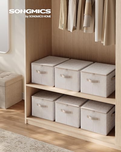 SONGMICS Foldable Storage Organizer Boxes, Set of 3 Storage Basket Bins with Lids, Handles, Clothes Organizer, 15.7 x 11.8 x 9.8 Inches, Non-Woven Fabric, Summer Sand URZB003K01 - color: Summer Sand, size: 3 Pack (15.7''L x 11.8''W x 9.8''H)