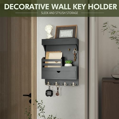 Rebee Vision Modern Key Holder Wall Mount with Drawer Organizer - Pine Wood Mail and Key Organizer with 6 Keys Hooks and Floating Wall Shelf - Stylish Home Decor for Apartment (Black) - color: Black, style: Large Drawer