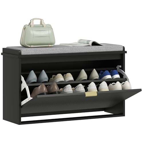 HOMCOM Narrow Shoe Bench with Padded Seat Cushion and Flip-Drawer, Small Entryway Bench Holds up to 265lb, Shoe Cabinet, 31.5x10.2x18.7 Inches, Black - color: Black, size: 31.5" x 10.2" x 18.7"