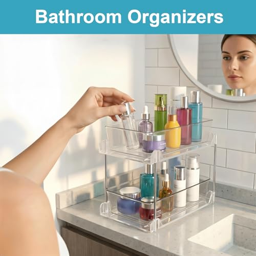 2 Pack Bathroom Organizers and Storage,2-Tier Clear Under Sink and Pull-Out Cabinet Organizer with Track for Kitchen, Pantry,Vanity Countertop,Medicine Cabinet,Closet Drawers Bins - color: Clear, size: 2 Pack