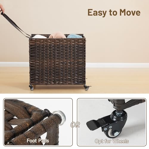 Laundry Hamper with Wheels, 34.3 Gallon(130L) Rolling Laundry Basket with Lid, 3-Section Rattan Clothes Hamper with 3 Removable Liner & 3 Mesh Bags, Laundry Sorter with Side Pocket, Brown - color: Brown, size: 130L（23.62 x 15.75 x 21.65 Inches）