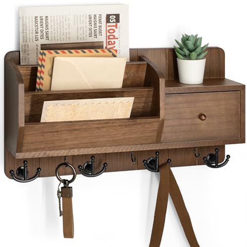 Rebee Vision Key and Mail Holder Wall Mount - Mail Organizer Wall Mount with Storage Hooks and Drawer for Modern Farmhouse Decor - Mail Organizer Wall Mounted for Rustic Apartment Essentials (Brown) - color: Brown