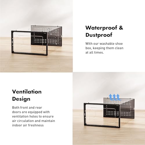 Foluck Shoe Storage Box, 15 Pack Clear Plastic Stackable Shoe Organizer for Closet, Interlocking Design for Sneakers, Foldable Shoes Container Rack with Lids, Black - color: Black
