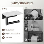 BWE Matte Black Toilet Paper Holder with Marble Shelf, Toilet Paper Roll Holder Wall Mounted, Toilet Paper Roll Holder with Phone Shelf 304 Stainless Steel Tissue Holder for Bathroom Washroom - color: Black