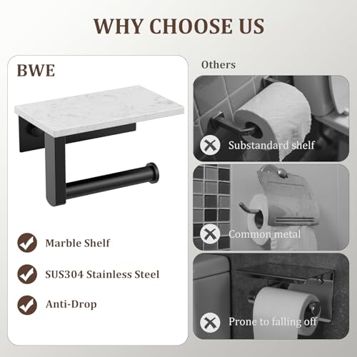 BWE Matte Black Toilet Paper Holder with Marble Shelf, Toilet Paper Roll Holder Wall Mounted, Toilet Paper Roll Holder with Phone Shelf 304 Stainless Steel Tissue Holder for Bathroom Washroom - color: Black