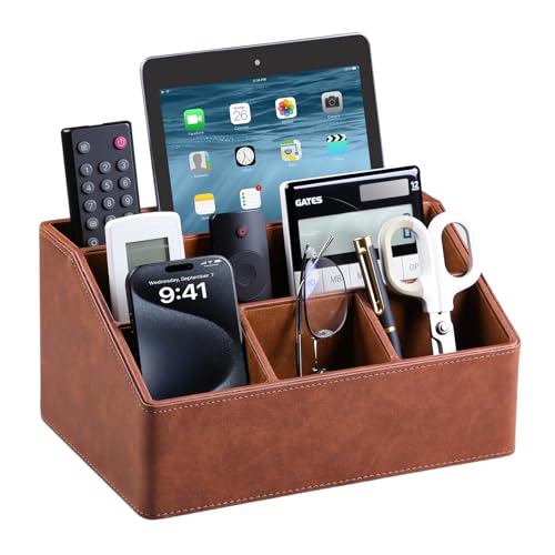 PU Leather Desk Organizer, Luxury Remote Control Holder for Home, Office Desk Accessories Table Caddy Bedside Nightstand Organizer (Brown) - color: Brown