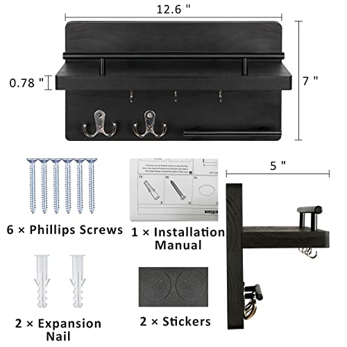 OurWarm Key Holder for Wall Decorative with 5 Key Hooks, Wall Mounted Key Hangers for Wall with Mail Key Rack, Wooden Mail Organizer with Shelf - color: Black