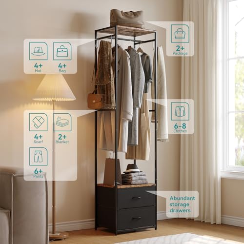 Closet Organizer with Drawers, Narrow Wardrobe Storage Rack, Small Clothes Rack with Shelf for Wardrobe and Bedroom, Closet Storage
